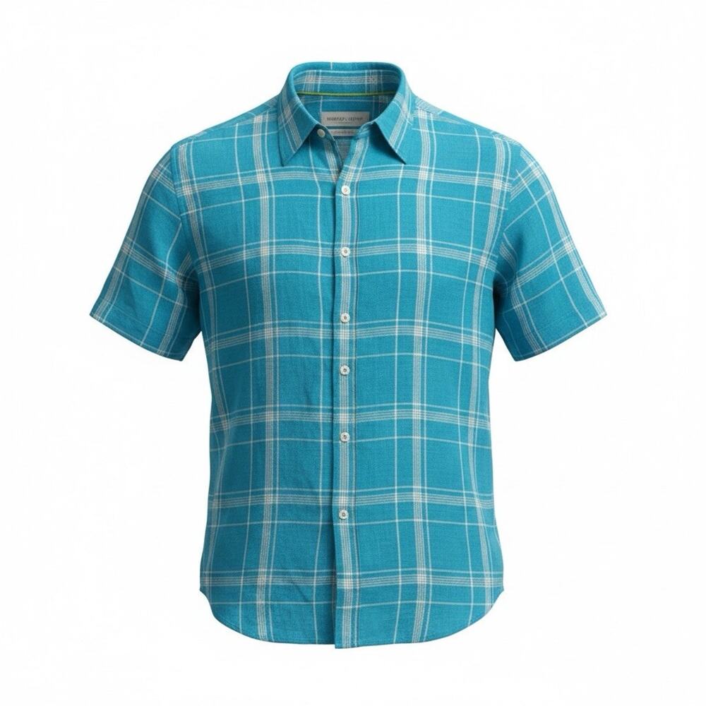 Bugatchi Linen Shirt Mens Lrg Blue Check Shaped Fit Button Up Short Sleeve A161